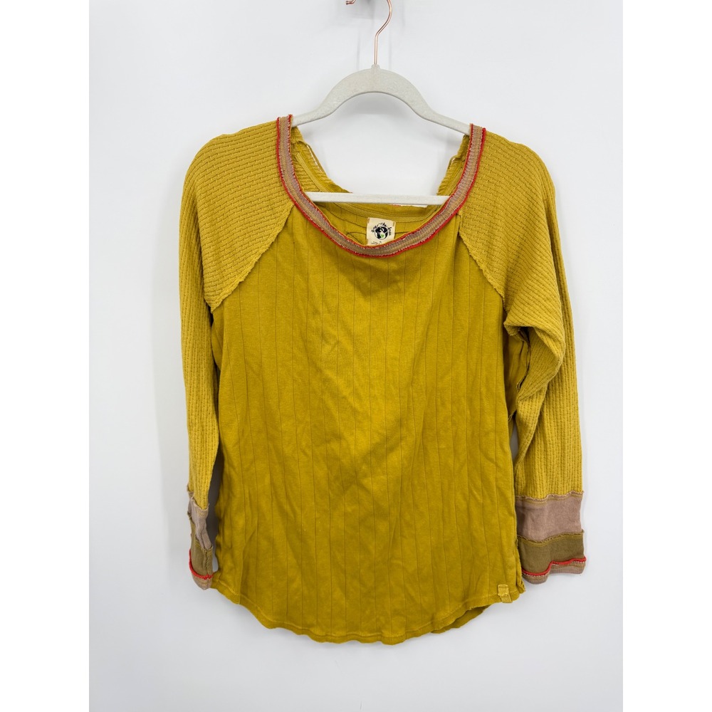 We The Free Top Womens XL Yellow Mixed Knit Long Sleeve Ribbed OB1413479